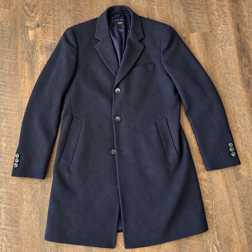 Stylish BOSS Hugo Boss Men's Navy Slim Fit Overcoat